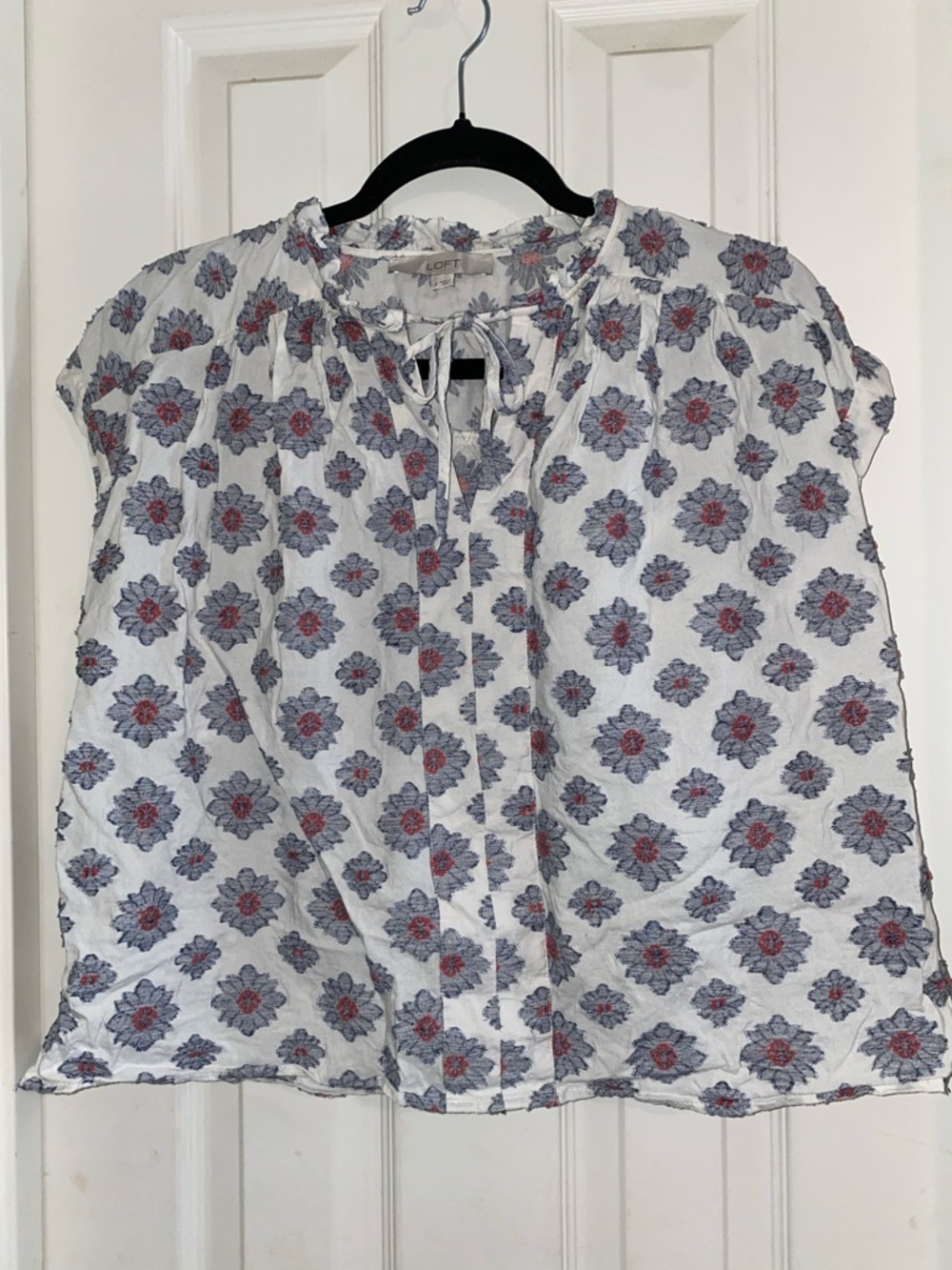 LOFT White Cap-Sleeve Tie-Neck Blouse with Blue and Pink Floral Print